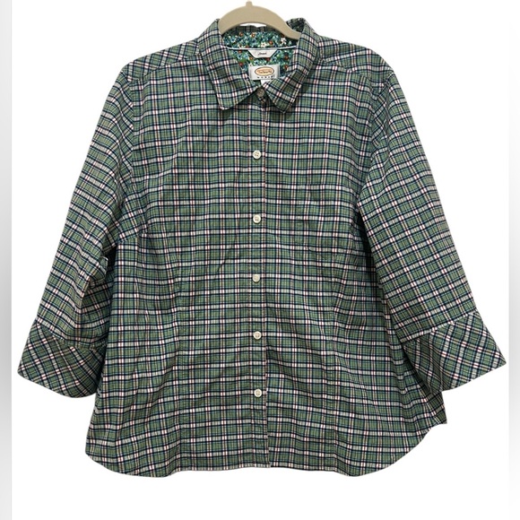 Talbots Tops - Talbots ladies 2X button up 3/4 sleeve checked green stretchy blouse